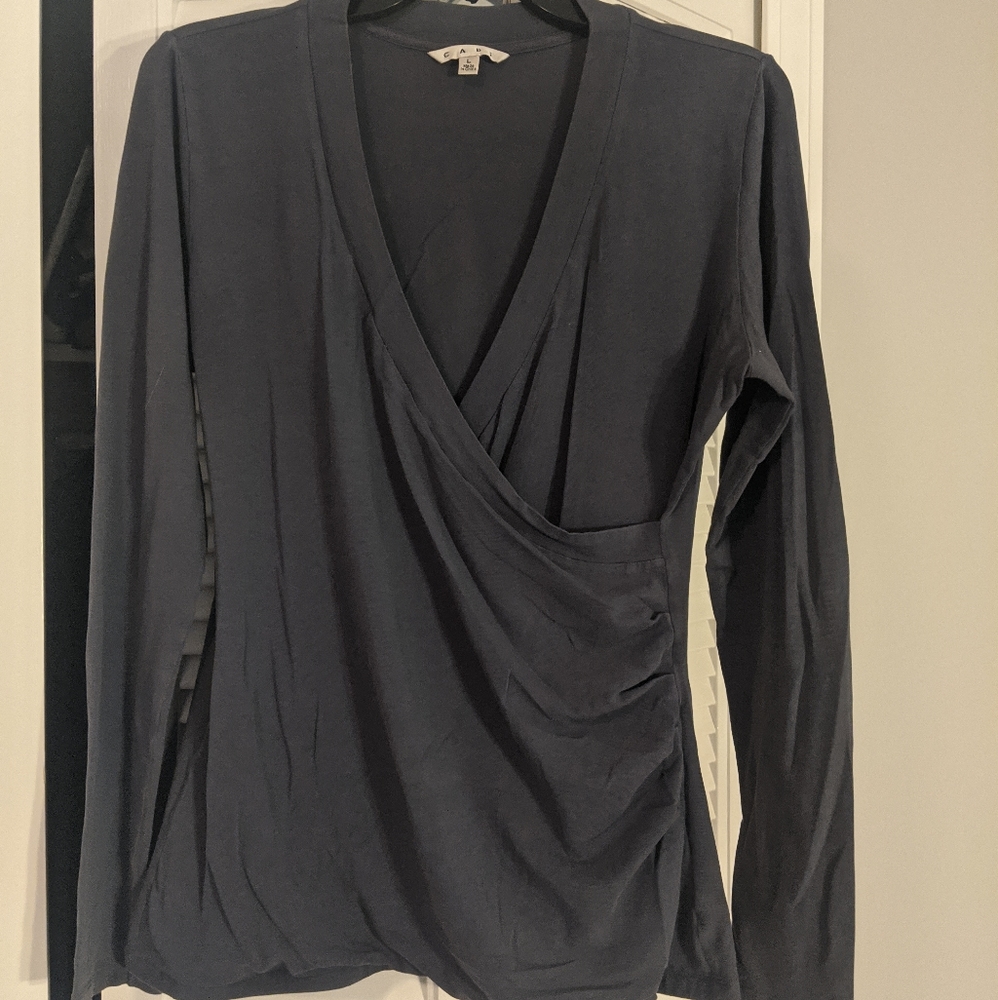 CABI Dusty Blue Faux Wrap Knit Top #265 Size Large